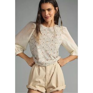 Nation LTD Shalom Tie Back Puff Sleeve Tee Floral Cream Dainty Ethereal Small